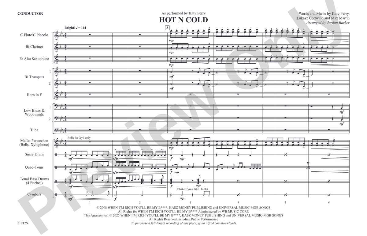 Hot N Cold– Marching Band Conductor Score & Parts (Digital Download)
