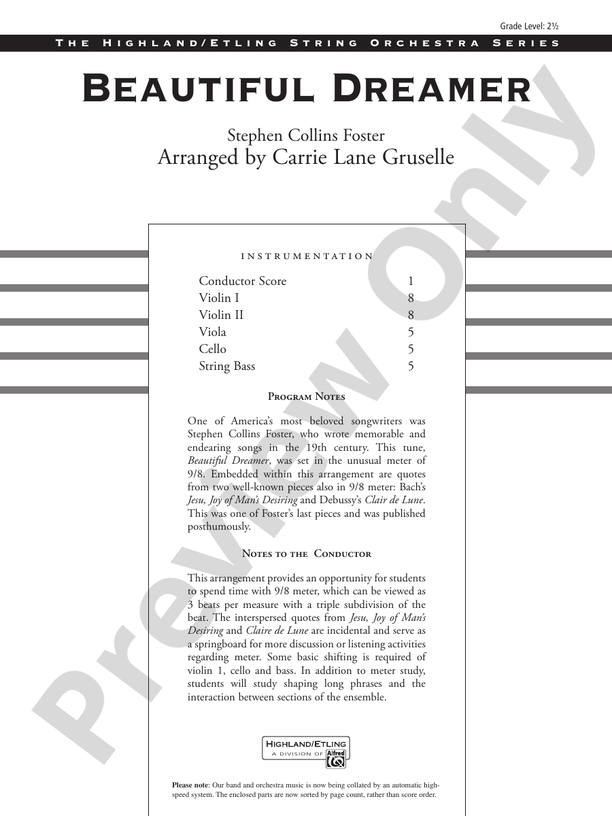 Beautiful Dreamer – String Orchestra Conductor Score & Parts (Digital Download)