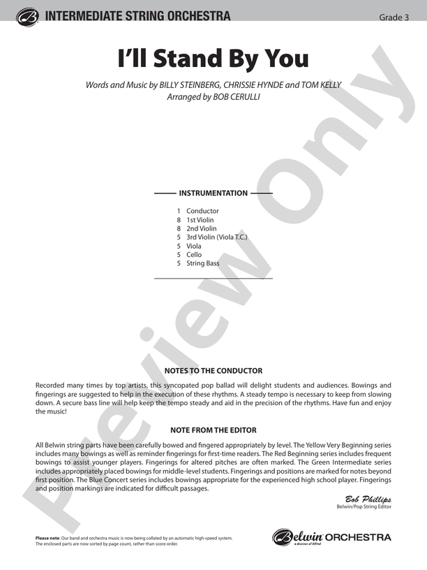 I'll Stand by You - String Orchestra Conductor Score & Parts (Digital Download)