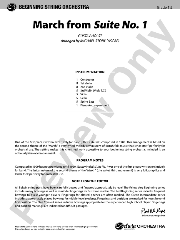 March from Suite No. 1 (Grade 1.5) – String Orchestra Conductor Score & Parts (Digital Download)