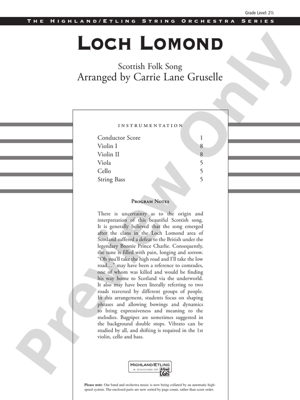 Loch Lomond – String Orchestra Conductor Score & Parts (Digital Download)