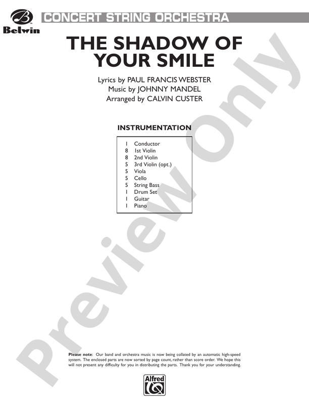 The Shadow of Your Smile (from The Sandpiper) - String Orchestra Conductor Score & Parts (Digital Download)