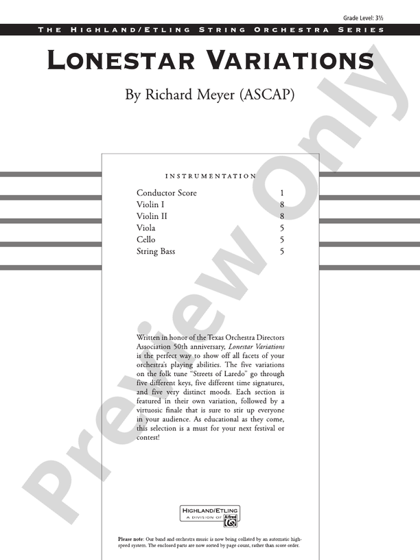 Lonestar Variations – String Orchestra Conductor Score & Parts (Digital Download)