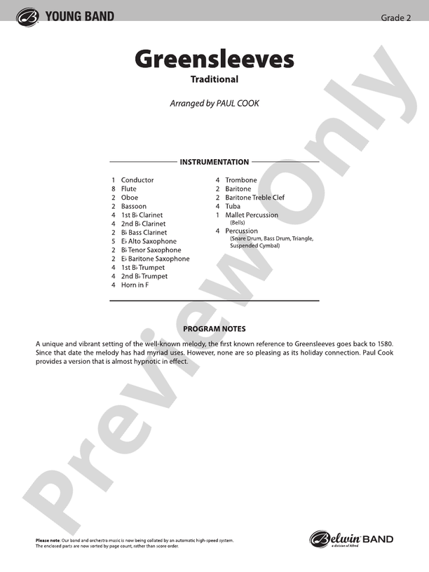 Greensleeves - Concert Band Conductor Score & Parts (Digital Download)