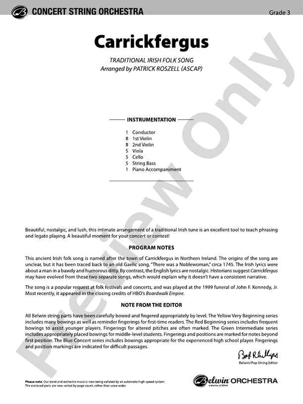 Carrickfergus – String Orchestra Conductor Score & Parts (Digital Download)