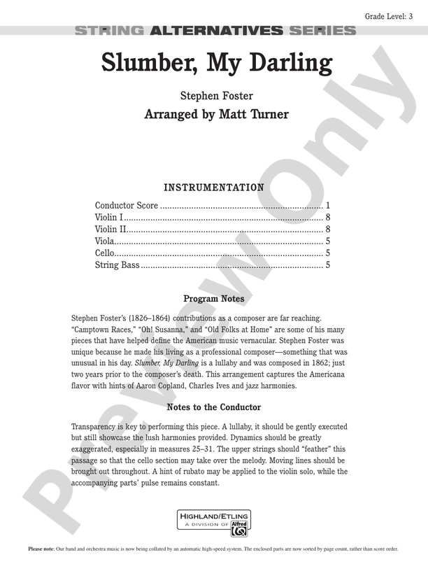 Slumber, My Darling – String Orchestra Conductor Score & Parts (Digital Download)