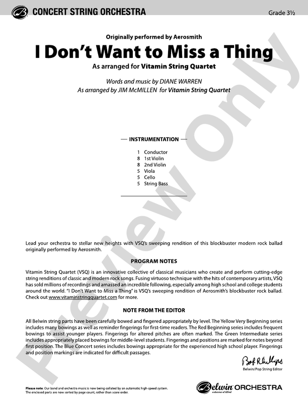 I Don't Want to Miss a Thing – String Orchestra Conductor Score & Parts (Digital Download)