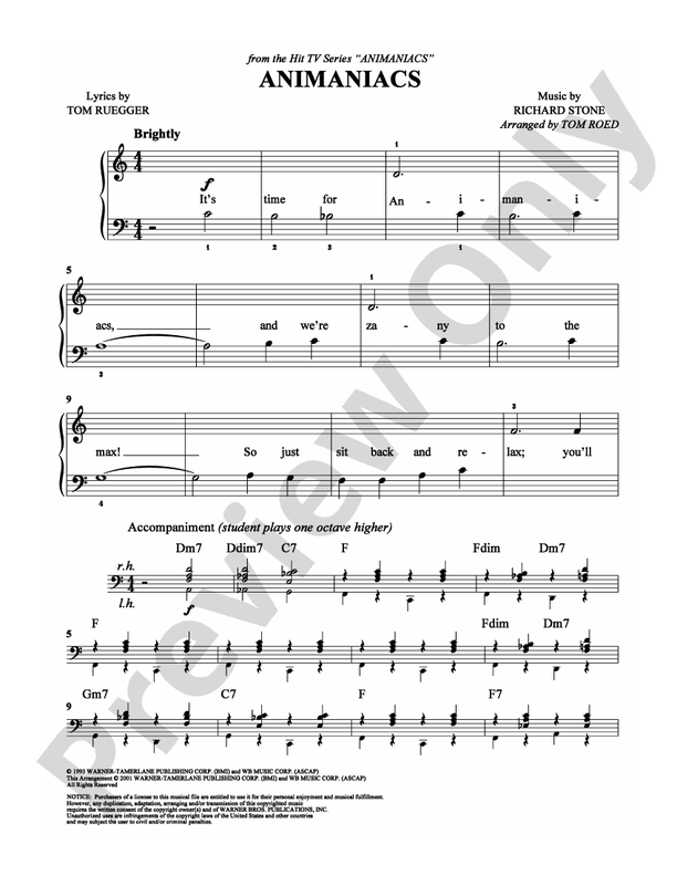 Animaniacs - Arr. Tom Roed - Easy Piano (Digital Download)