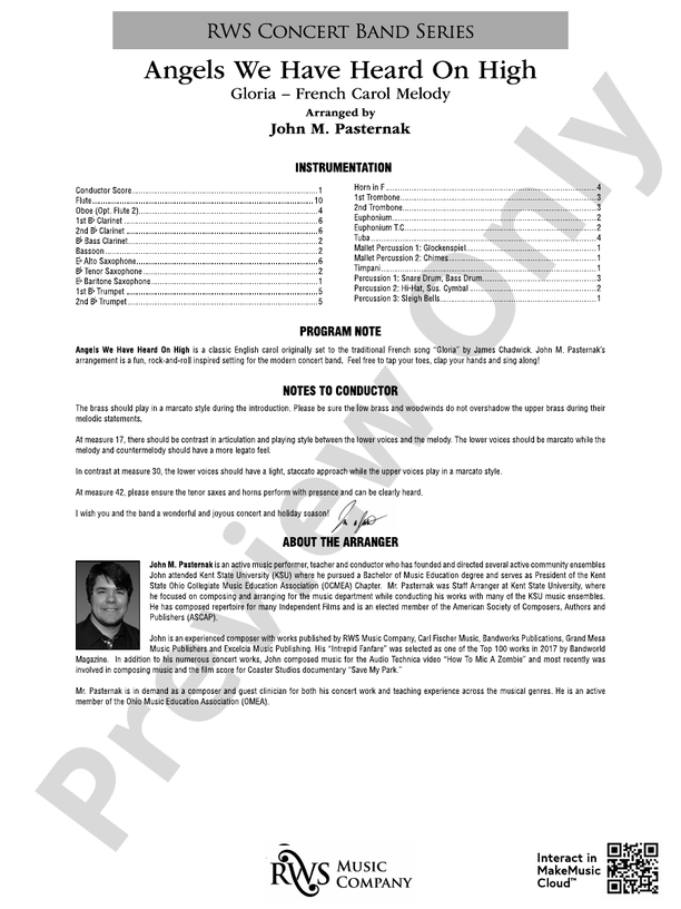 Angels We Have Heard On High - Concert Band Conductor Score & Parts (Digital Download)