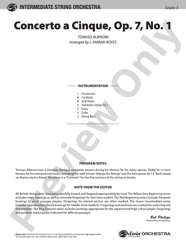 Concerto a Cinque, Op. 7, No. 1 – String Orchestra Conductor Score & Parts (Digital Download)