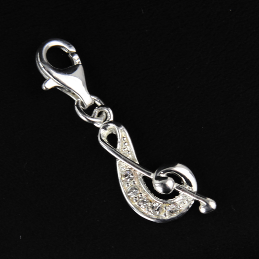 STERLING SILVER CHARM with CRYSTAL G CLEF OR TREBLE CLEF. Clip-on