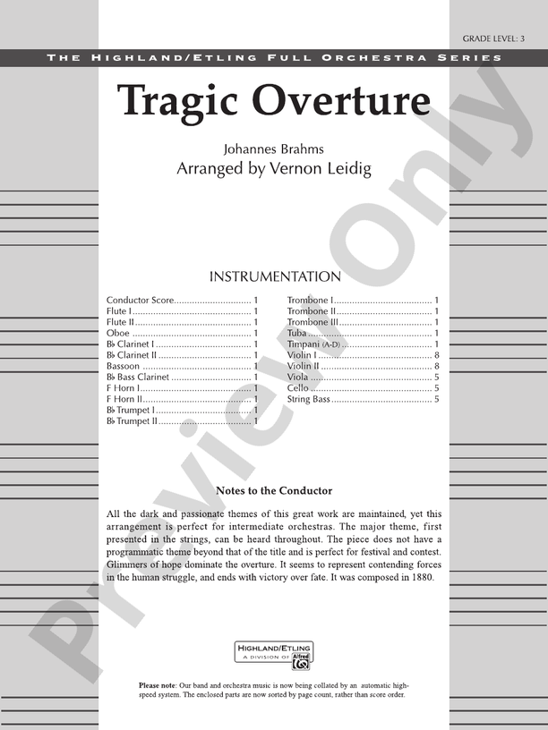 Tragic Overture – Ful Orchestra Conductor Score & Parts (Digital Download)