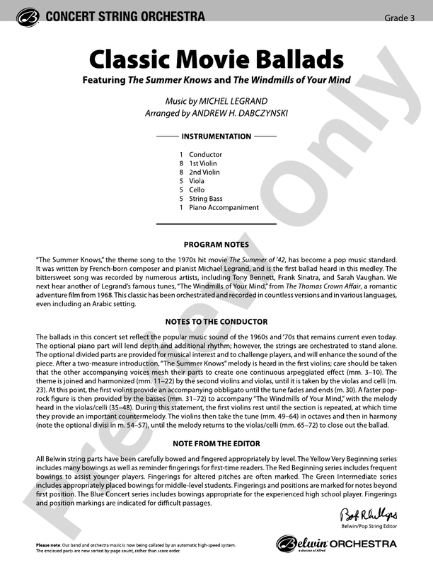 Classic Movie Ballads – String Orchestra Conductor Score & Parts (Digital Download)