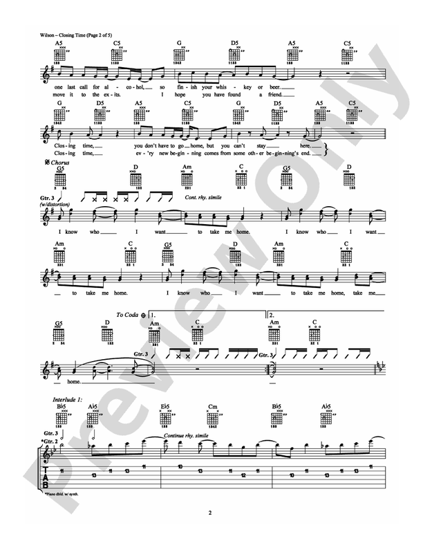 Closing Time - Guitar TAB (Digital Download)