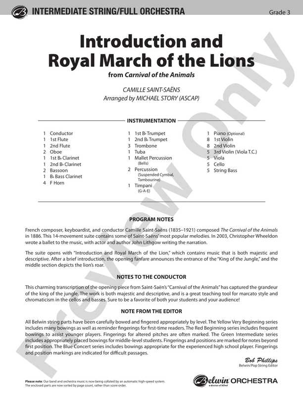 Introduction and Royal March of the Lions (from Carnival of the Animals) – Ful Orchestra Conductor Score & Parts (Digital Download)