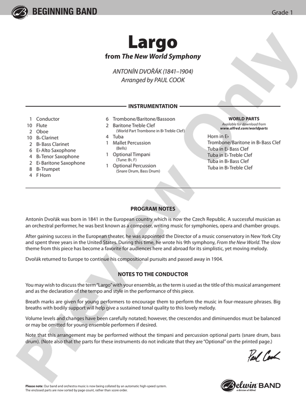 Largo (from the New World Symphony) - Concert Band Conductor Score & Parts (Digital Download)