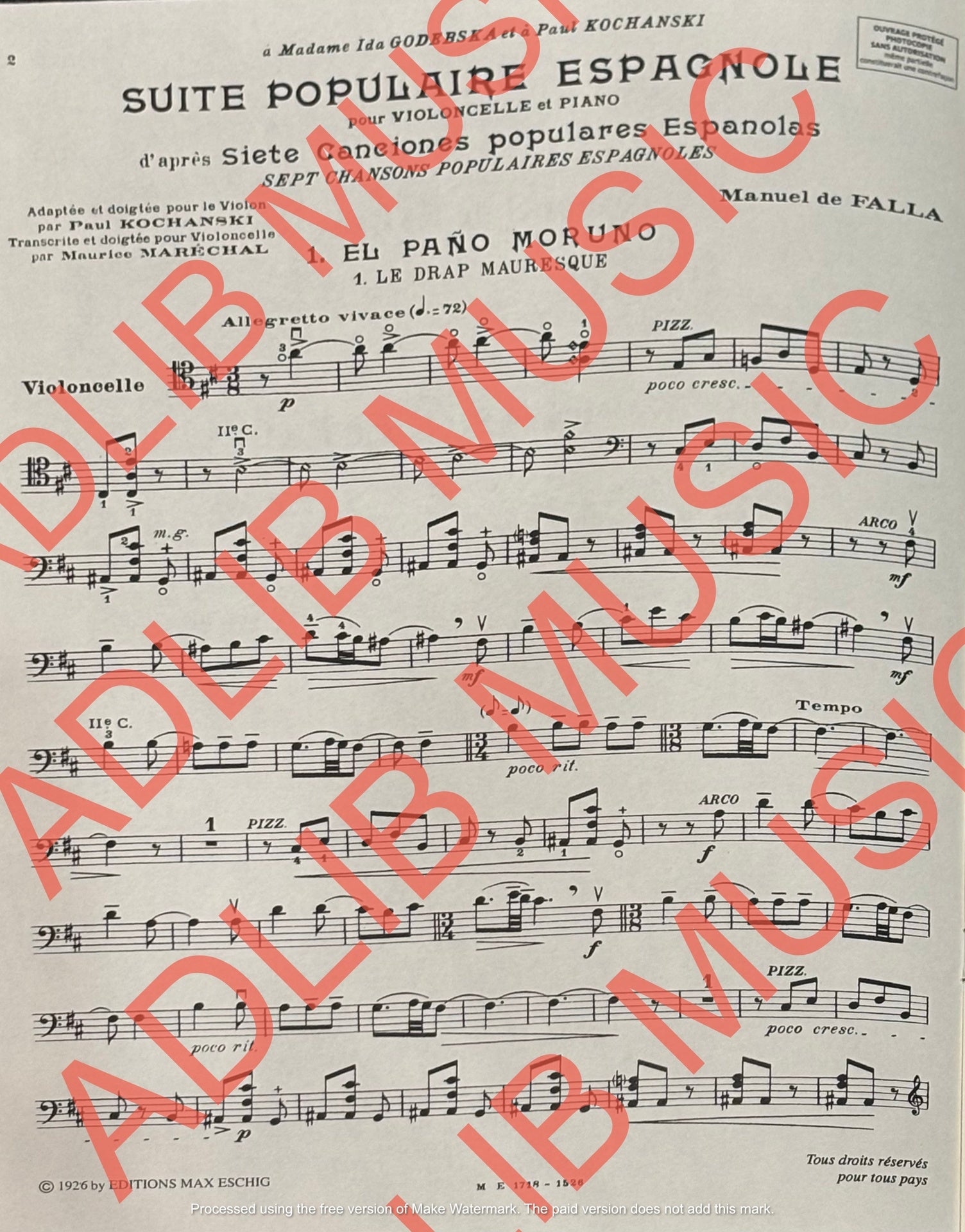 Suite Populaire Espagnole Cello/Piano - Eschig Edition ME1718