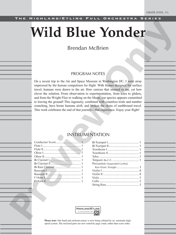 Wild Blue Yonder – Ful Orchestra Conductor Score & Parts (Digital Download)