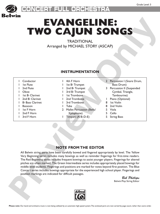 Evangeline: Two Cajun Songs – Full Orchestra Conductor Score & Parts (Digital Download)