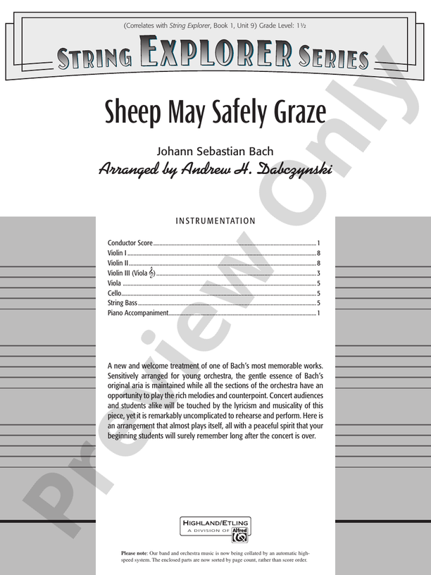 Sheep May Safely Graze (Grade 1.5) – String Orchestra Conductor Score & Parts (Digital Download)