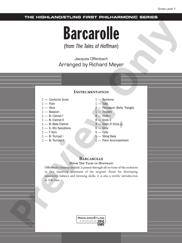 Barcarolle from "The Tales of Hoffman" – Full Orchestra Conductor Score & Parts (Digital Download)