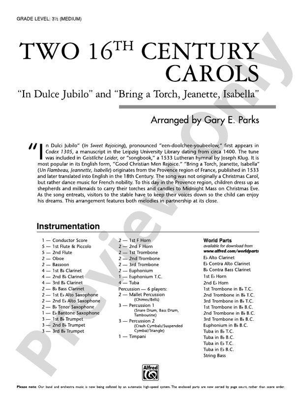 Two 16th Century Carols - Concert Band Conductor Score & Parts (Digital Download)