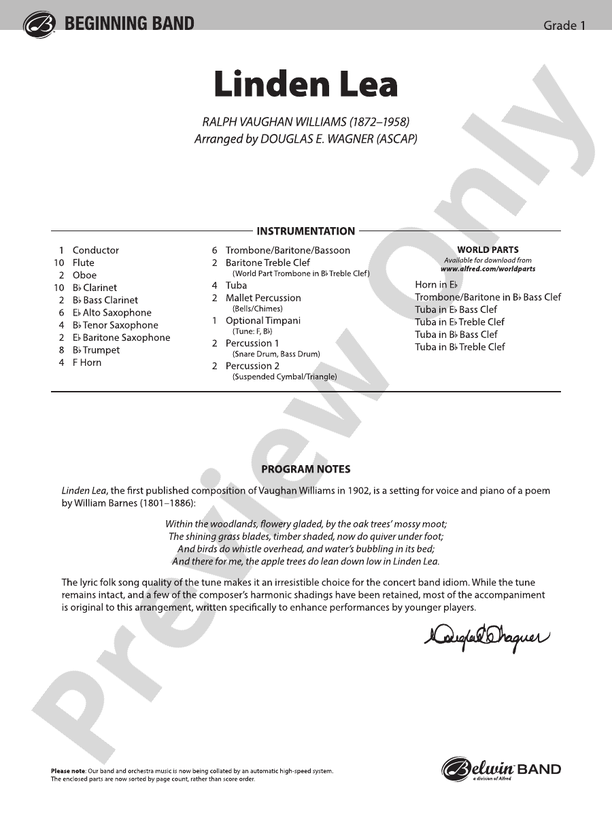 Linden Lea - Concert Band Conductor Score & Parts (Digital Download)