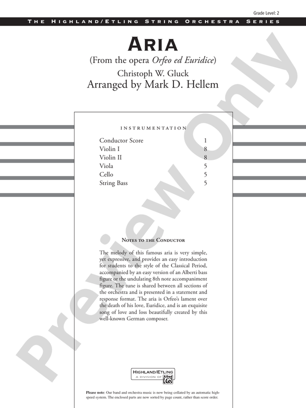 Aria (from the opera Orfeo ed Euridice) – String Orchestra Conductor Score & Parts (Digital Download)