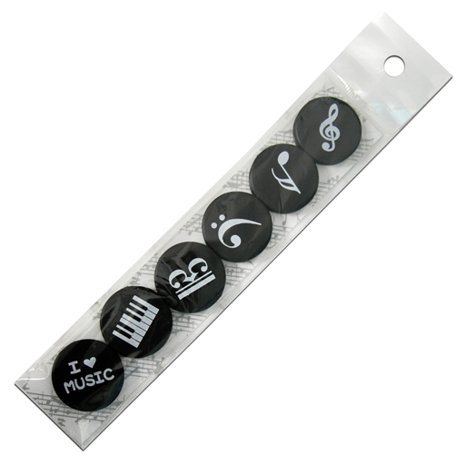 Music Magnets Six Piece Set Black with White Writing