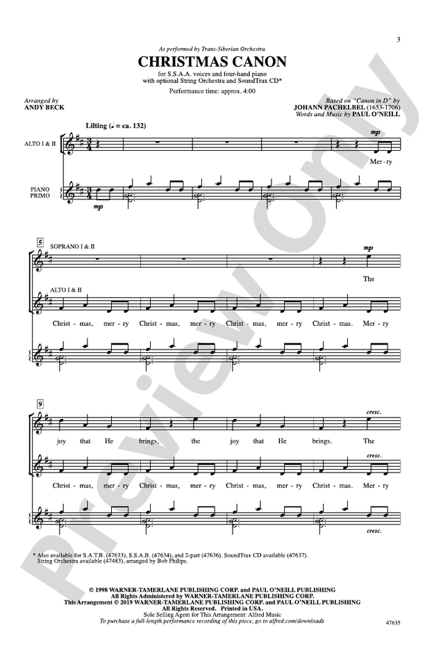 Christmas Canon – SSAA Choral Octavo (Digital Download)