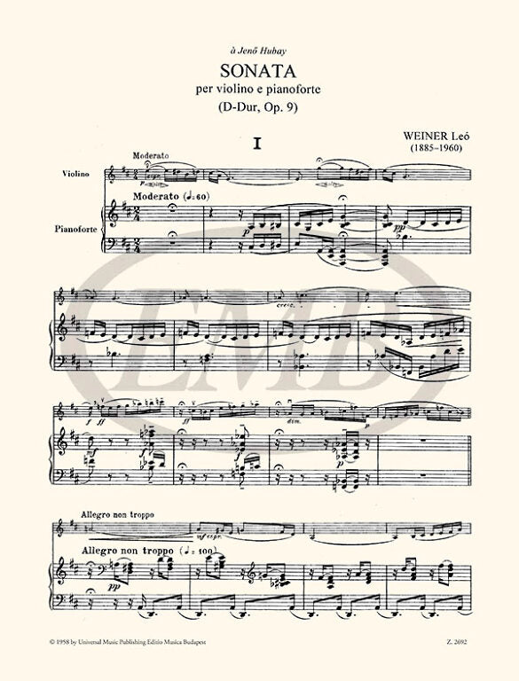 Weiner - Sonata #1 in Dmaj Op9 - Violin/Piano Accompaniment EMB Z2692