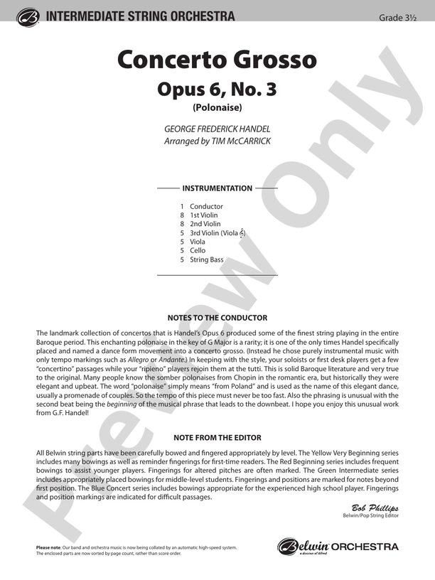 Concerto Grosso, Opus 6, No. 3 (Polonaise) – String Orchestra Conductor Score & Parts (Digital Download)