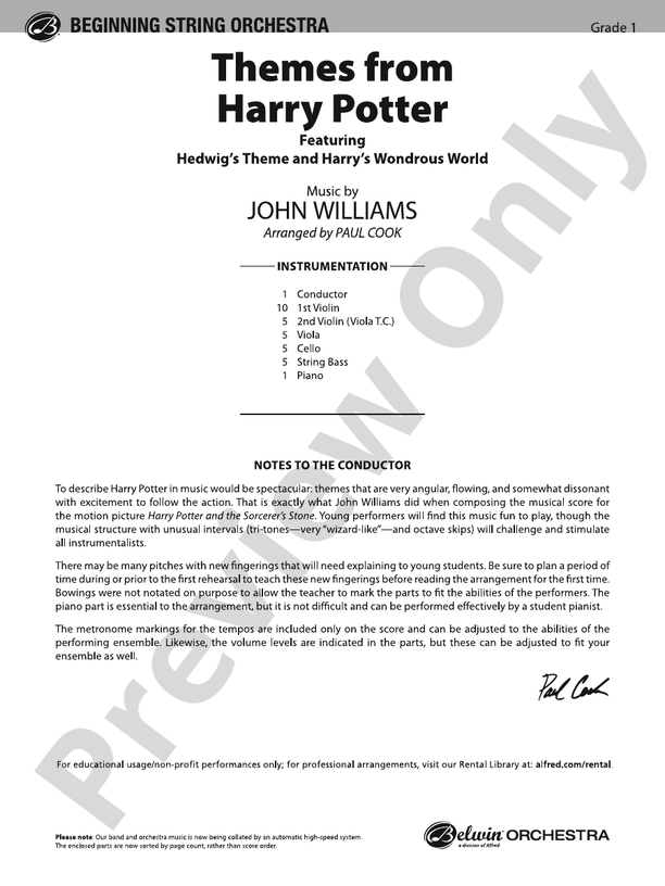 Harry Potter, Themes from – String Orchestra Conductor Score & Parts (Digital Download)