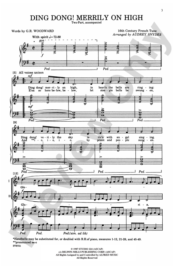 Ding! Dong! Merrily on High - Arr. Audrey Snyder – 2-Part Choral Octavo (Digital Download)