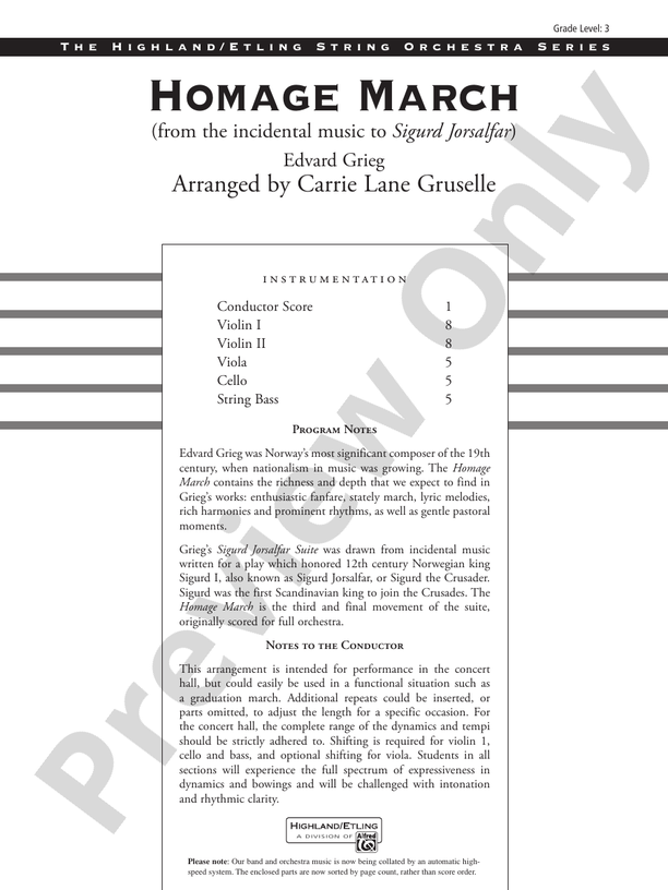 Homage March (from the incidental music to Sigurd Jorsalfar) – String Orchestra Conductor Score & Parts (Digital Download)