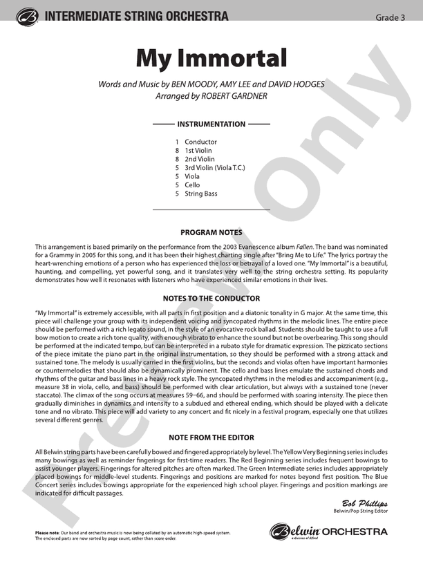 My Immortal – String Orchestra Conductor Score & Parts (Digital Download)