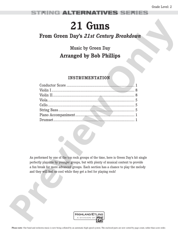 21 Guns - String Orchestra Conductor Score & Parts (Digital Download)