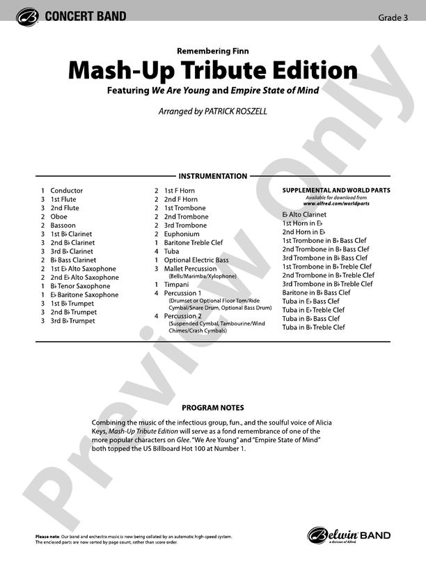 Mash-Up---Tribute Edition (Remembering Finn) (as featured on Glee) - Concert Band Conductor Score & Parts (Digital Download)
