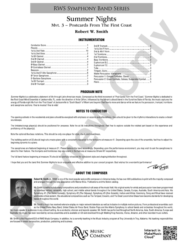 Summer Nights - Mvt. 3 - Postcards from the First Coast - Concert Band Conductor Score & Parts (Digital Download)