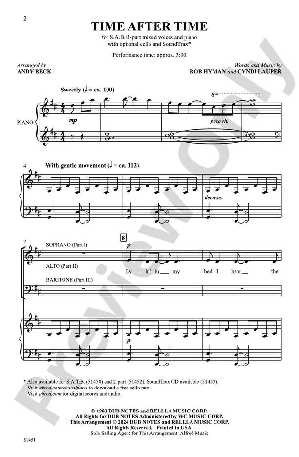 Time After Time - SAB/3 Part Mixed Choral Octavo (Digital Download)