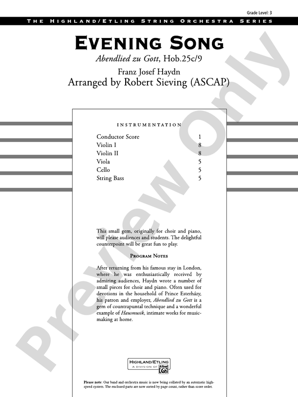 Evening Song – String Orchestra Conductor Score & Parts (Digital Download)