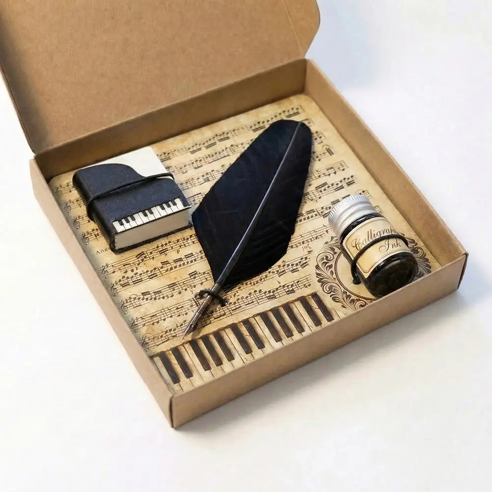 Dallaiti Bespoke Piano Writing Set with a Black Quill, Grand Piano Notebook and Black Ink