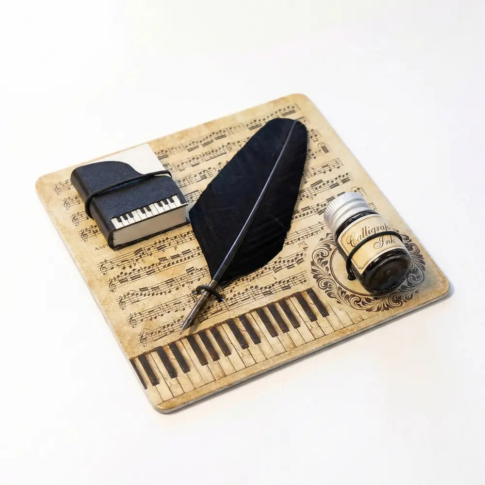 Dallaiti Bespoke Piano Writing Set with a Black Quill, Grand Piano Notebook and Black Ink
