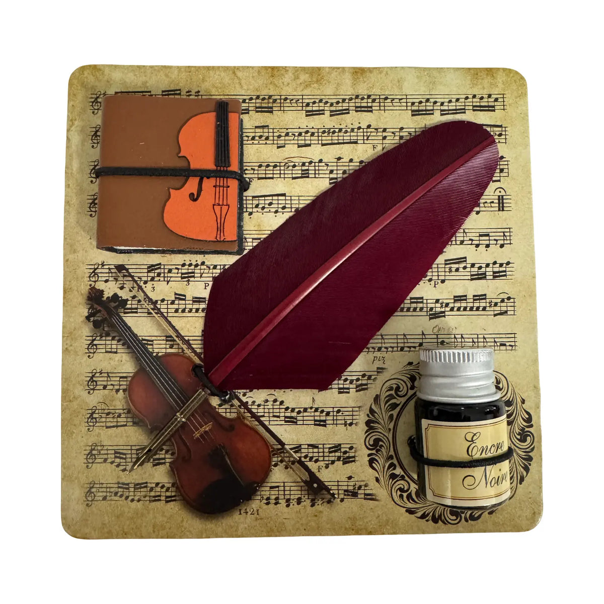 Violin Writing Set with a Burgundy Quill and Violin Notebook on Manuscript Boxed