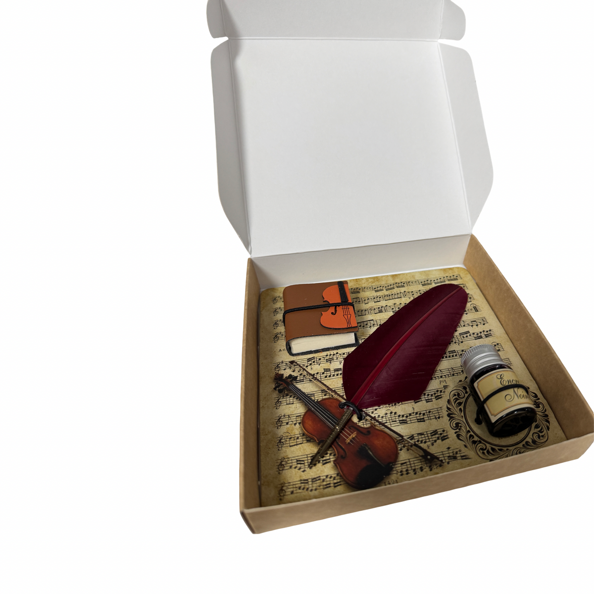 Violin Writing Set with a Burgundy Quill and Violin Notebook on Manuscript Boxed