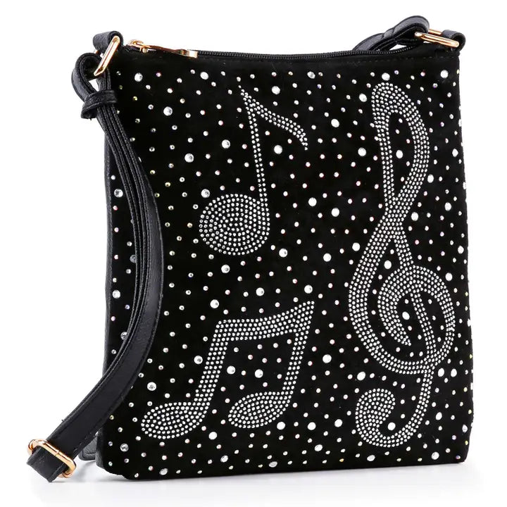 Black Rhinestone Music-Themed Shoulder Bag