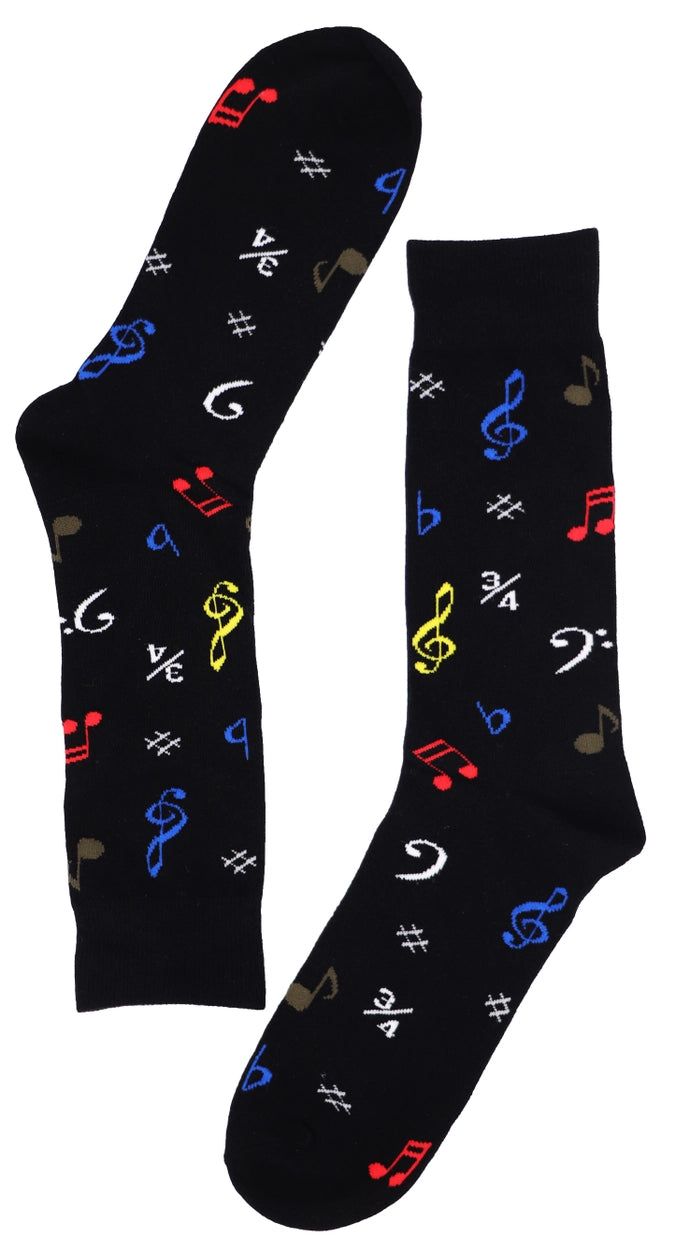 Black Unisex Crew Socks with Colourful Music Symbols Size:5-9