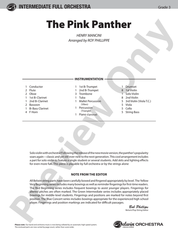 The Pink Panther (Grade 3) - Full Orchestra Conductor Score & Parts (Digital Download)