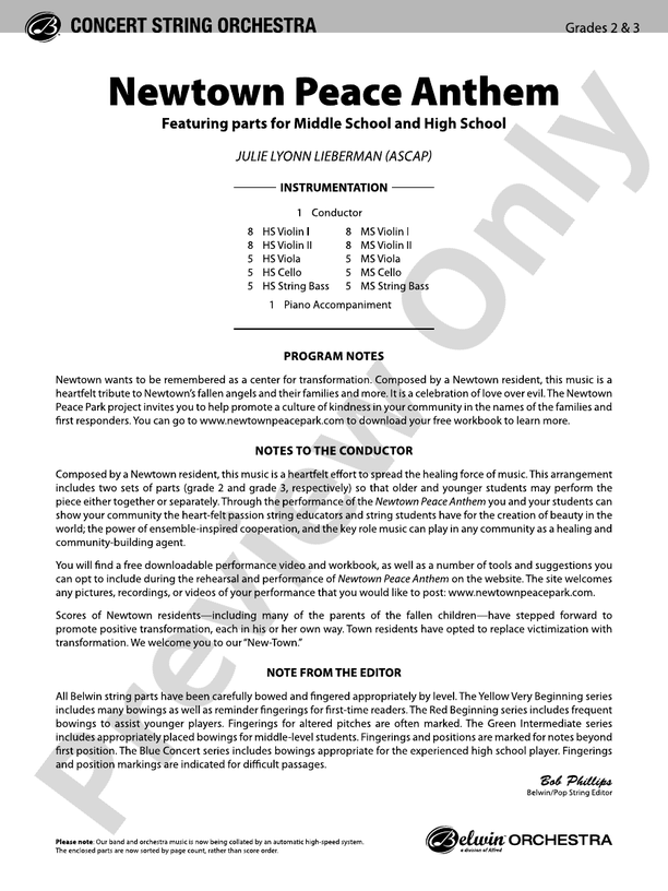Newtown Peace Anthem – String Orchestra Conductor Score & Parts (Digital Download)