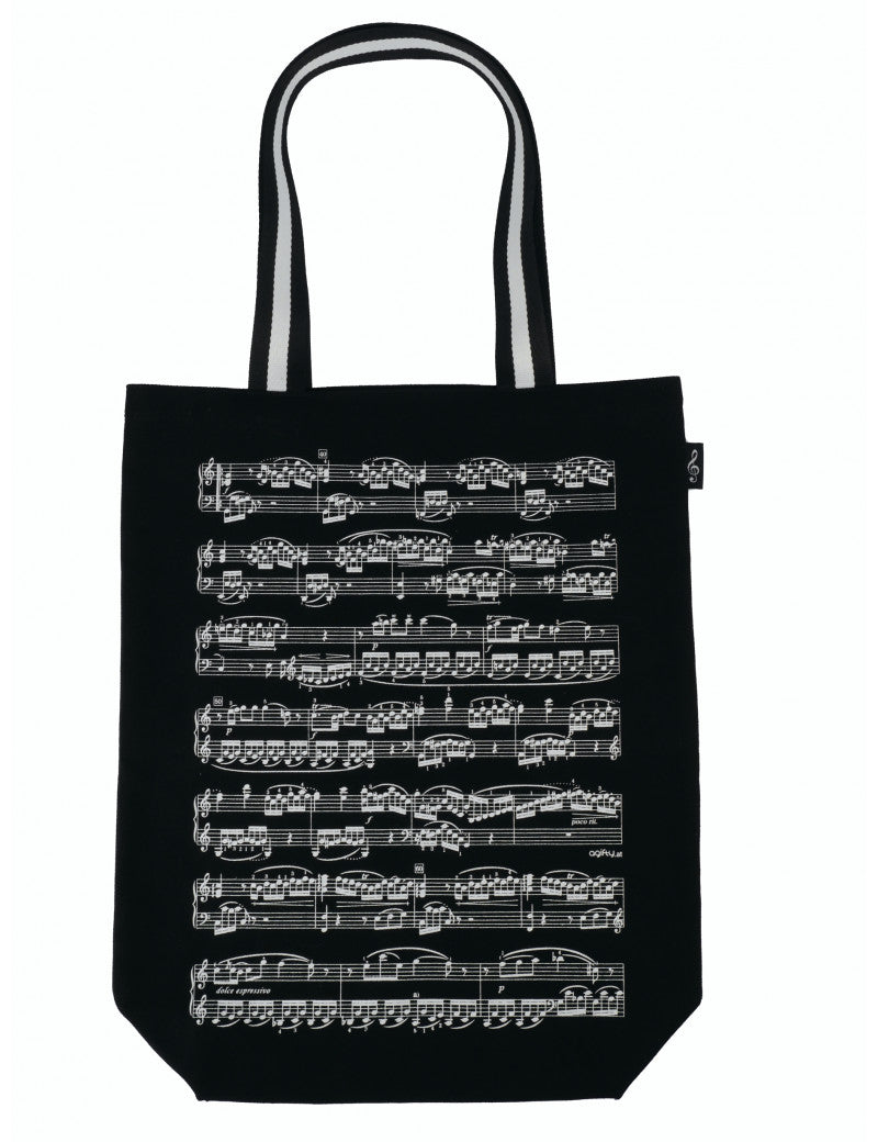Tote or Music Bag Black with White Manuscript and Stripy Handle